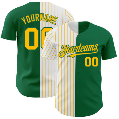 Custom Kelly Green White-Gold Pinstripe Authentic Split Fashion Baseball Jersey