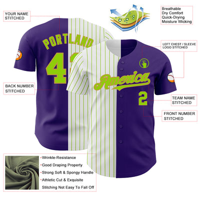 Custom Purple Old Gold-Neon Green Pinstripe Authentic Split Fashion Baseball Jersey