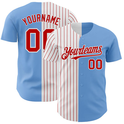 Custom Light Blue White-Red Pinstripe Authentic Split Fashion Baseball Jersey