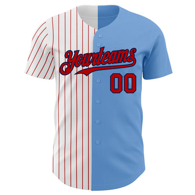 Custom Light Blue Navy-Red Pinstripe Authentic Split Fashion Baseball Jersey