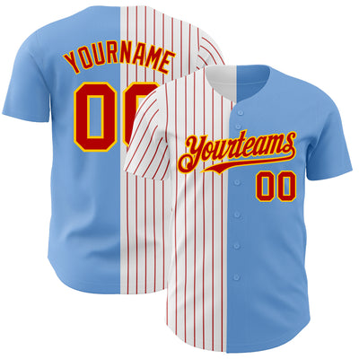 Custom Light Blue Yellow-Red Pinstripe Authentic Split Fashion Baseball Jersey