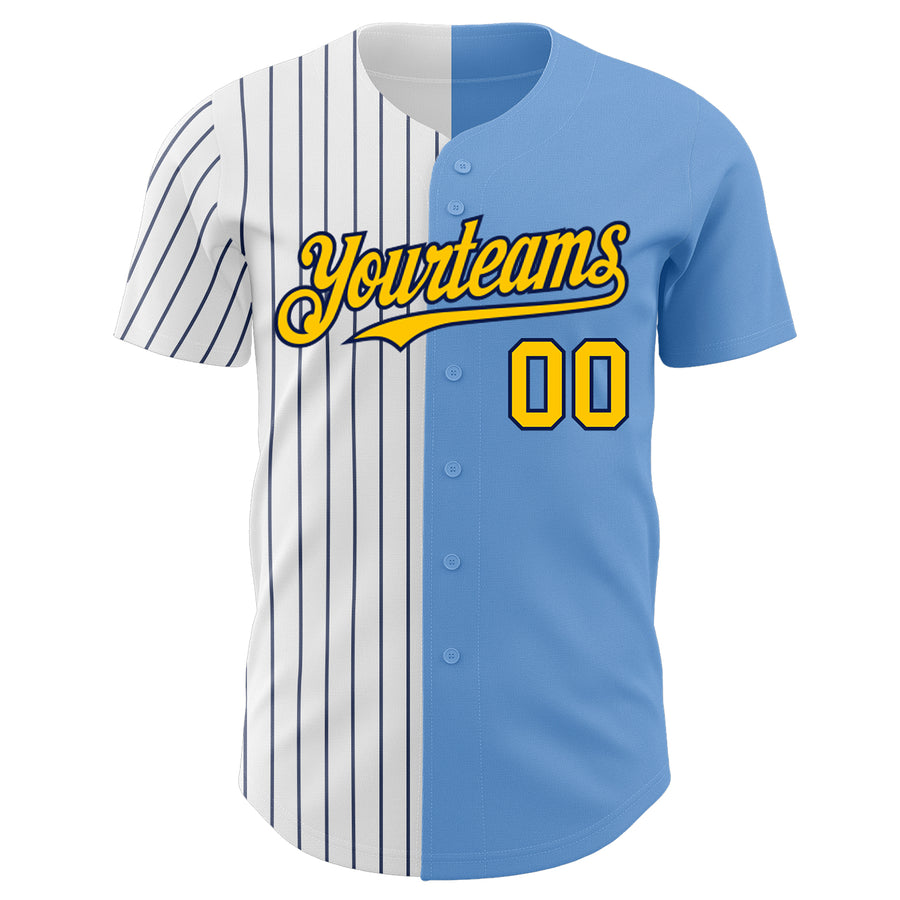 Custom Light Blue Yellow-Navy Pinstripe Authentic Split Fashion Baseball Jersey