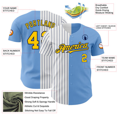 Custom Light Blue Yellow-Navy Pinstripe Authentic Split Fashion Baseball Jersey