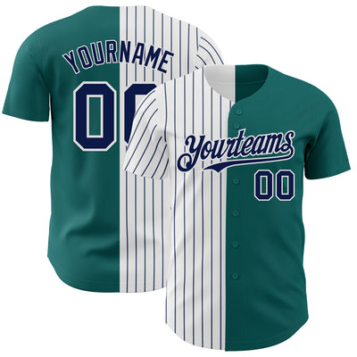 Custom Teal White-Navy Pinstripe Authentic Split Fashion Baseball Jersey