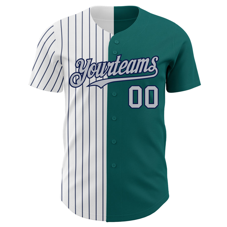 Custom Teal Gray-Navy Pinstripe Authentic Split Fashion Baseball Jersey