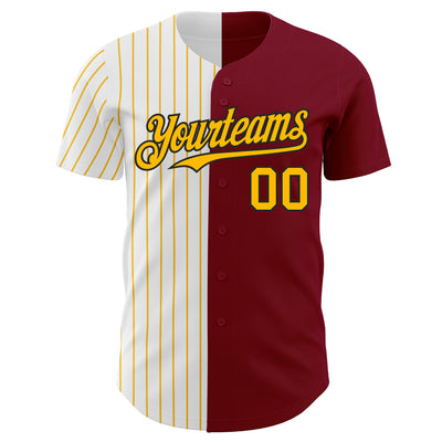 Custom Crimson Black-Gold Pinstripe Authentic Split Fashion Baseball Jersey