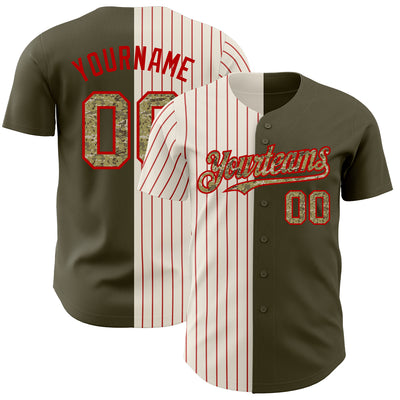 Custom Olive Camo Cream-Red Pinstripe Authentic Split Fashion Salute To Service Baseball Jersey