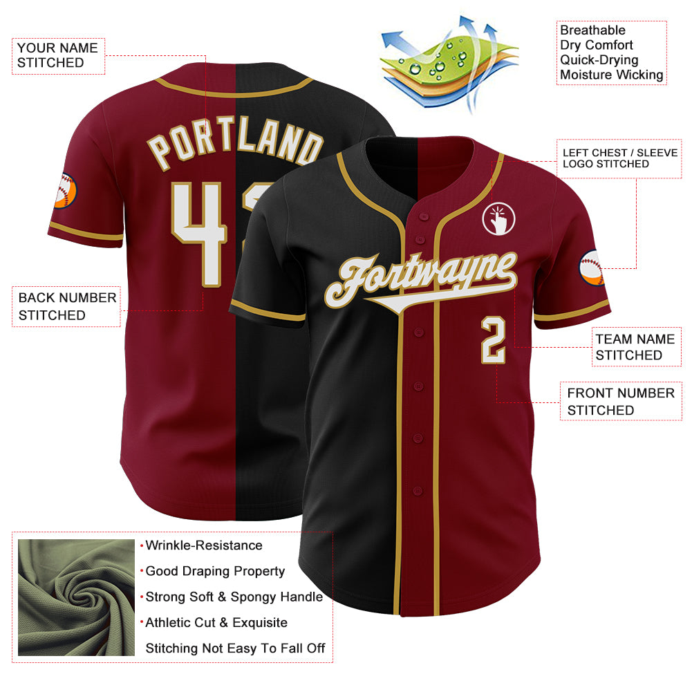 Custom Crimson Black-Old Gold Authentic Split Fashion Baseball Jersey