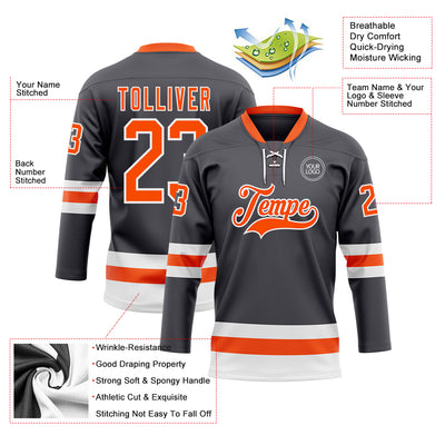 Custom Steel Gray Orange-White Hockey Lace Neck Jersey