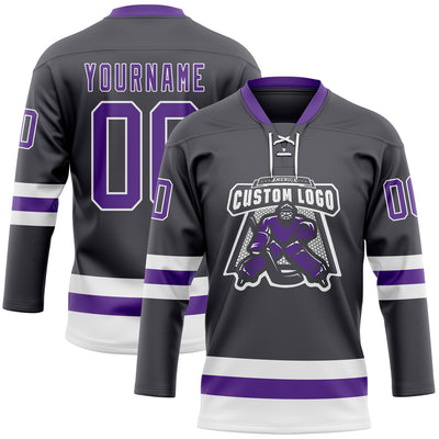 Custom Steel Gray Purple-White Hockey Lace Neck Jersey