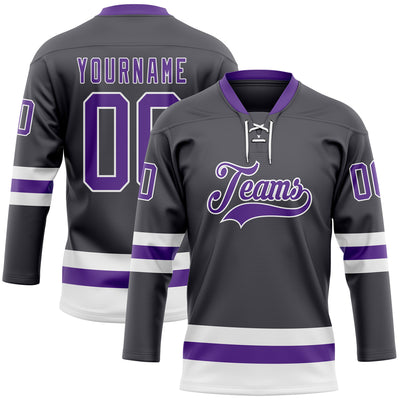 Custom Steel Gray Purple-White Hockey Lace Neck Jersey