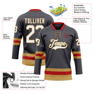 Custom Steel Gray Old Gold-Red Hockey Lace Neck Jersey