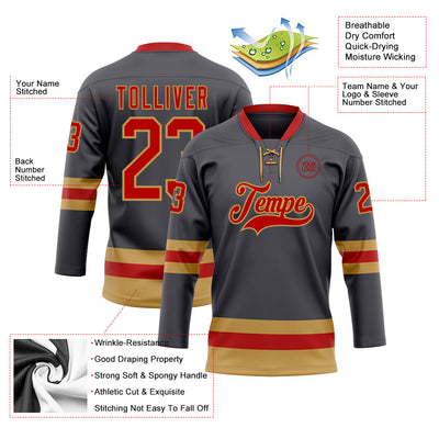 Custom Steel Gray Red-Old Gold Hockey Lace Neck Jersey