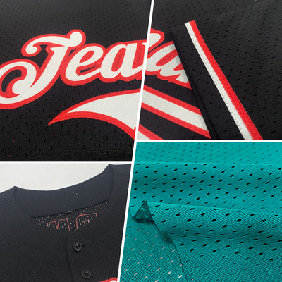 Custom Teal White-Red Mesh Authentic Throwback Baseball Jersey