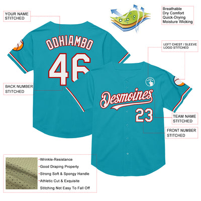 Custom Teal White-Red Mesh Authentic Throwback Baseball Jersey