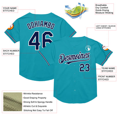 Custom Teal Navy-White Mesh Authentic Throwback Baseball Jersey