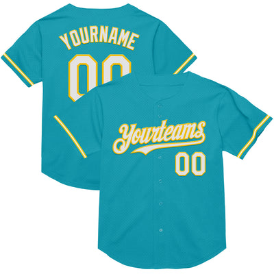 Custom Teal White-Yellow Mesh Authentic Throwback Baseball Jersey