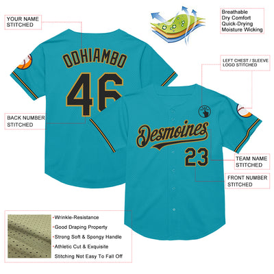 Custom Teal Black-Old Gold Mesh Authentic Throwback Baseball Jersey