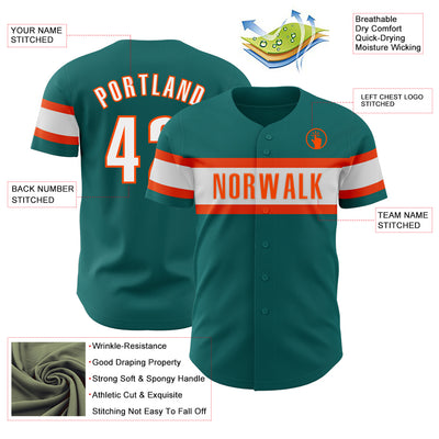 Custom Teal White-Orange Authentic Baseball Jersey