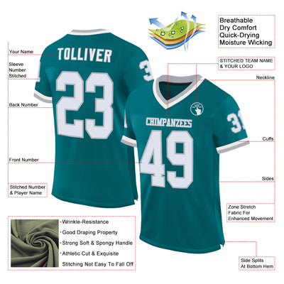 Custom Teal White-Gray Mesh Authentic Throwback Football Jersey