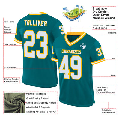 Custom Teal White-Gold Mesh Authentic Throwback Football Jersey