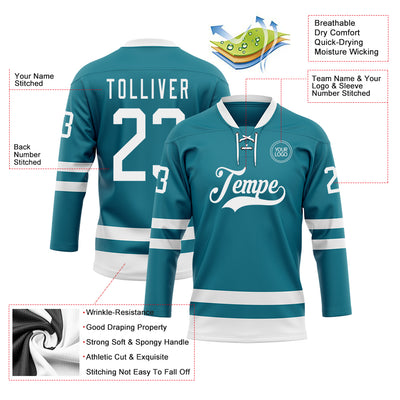 Custom Teal White Hockey Lace Neck Jersey