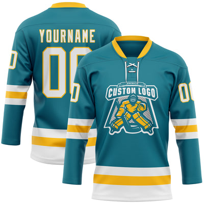 Custom Teal White-Gold Hockey Lace Neck Jersey