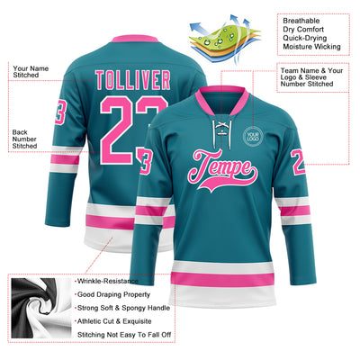 Custom Teal Pink-White Hockey Lace Neck Jersey