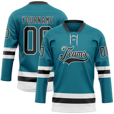 Custom Teal Black-White Hockey Lace Neck Jersey