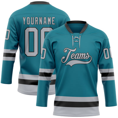 Custom Teal Gray-Black Hockey Lace Neck Jersey