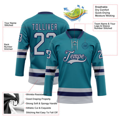 Custom Teal Gray-Navy Hockey Lace Neck Jersey