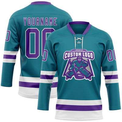 Custom Teal Purple-White Hockey Lace Neck Jersey