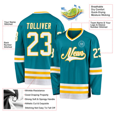 Custom Teal White-Gold Hockey Jersey