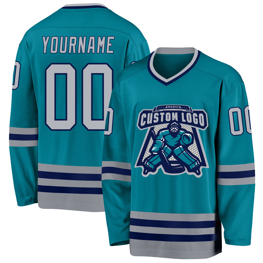 Custom Teal Gray-Navy Hockey Jersey