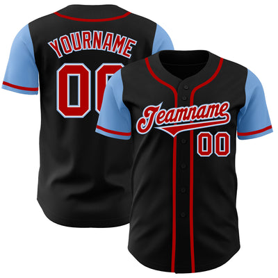 Custom Black Red-Light Blue Authentic Two Tone Baseball Jersey