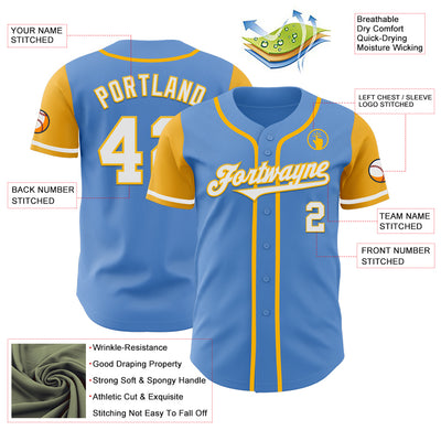 Custom Powder Blue White-Gold Authentic Two Tone Baseball Jersey