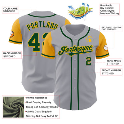 Custom Gray Green-Gold Authentic Two Tone Baseball Jersey