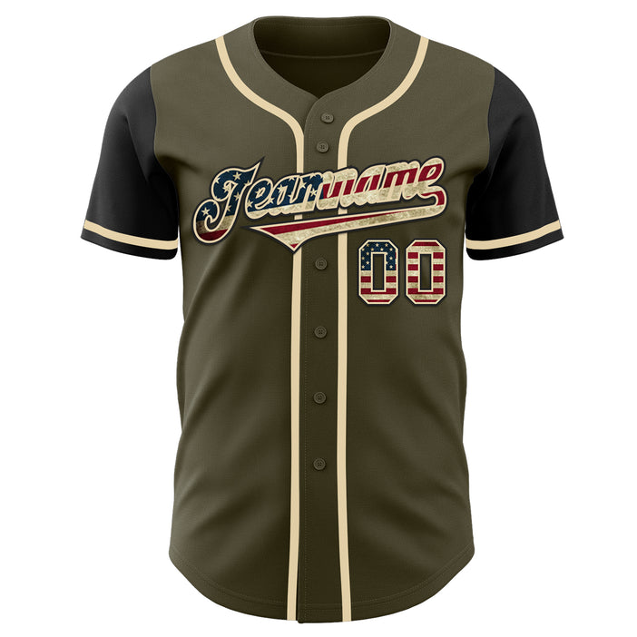 Custom Olive Vintage USA Flag-Black Authentic Two Tone Salute To Service Baseball Jersey