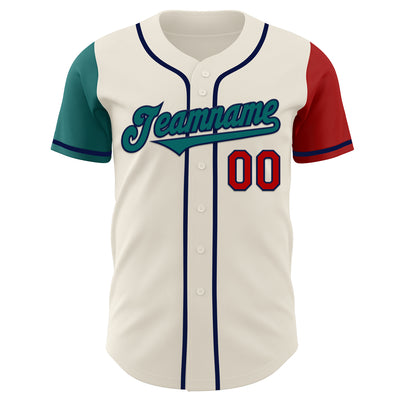 Custom Cream Red Teal-Navy Authentic Two Tone Baseball Jersey