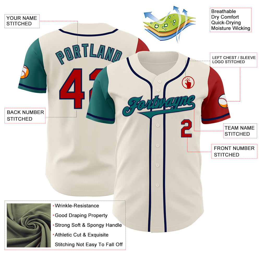 Custom Cream Red Teal-Navy Authentic Two Tone Baseball Jersey