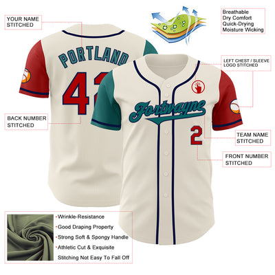 Custom Cream Red Teal-Navy Authentic Two Tone Baseball Jersey