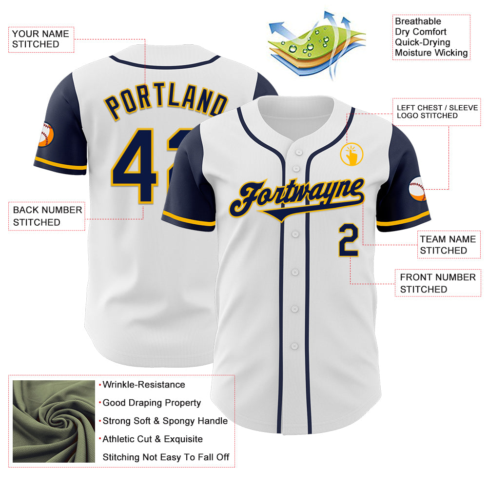 Custom White Navy-Gold Authentic Two Tone Baseball Jersey