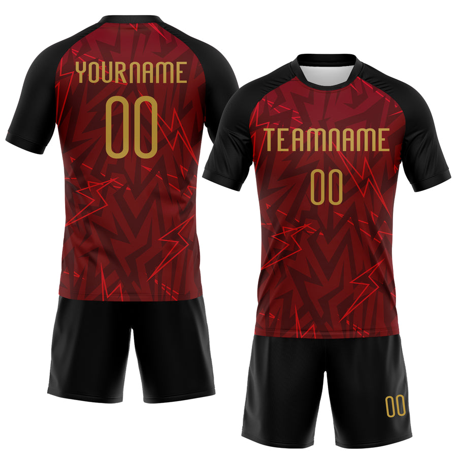 Custom Crimson Old Gold-Black Lightning Sublimation Volleyball Uniform Jersey