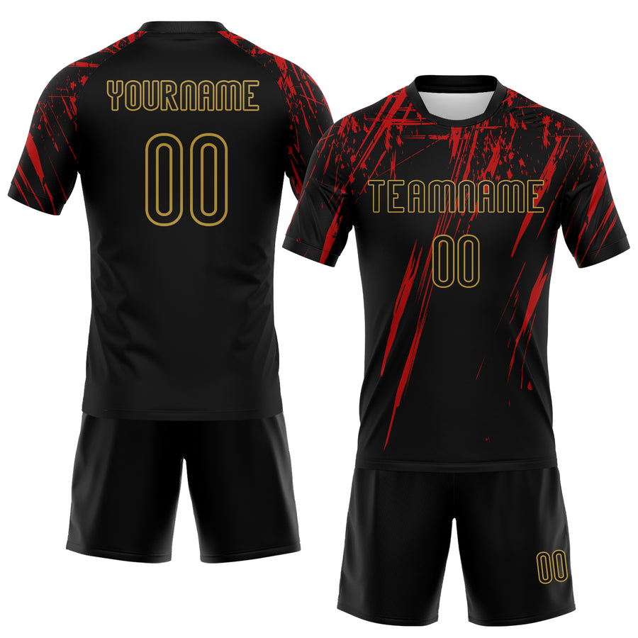 Custom Black Red-Old Gold Splash Sublimation Volleyball Uniform Jersey