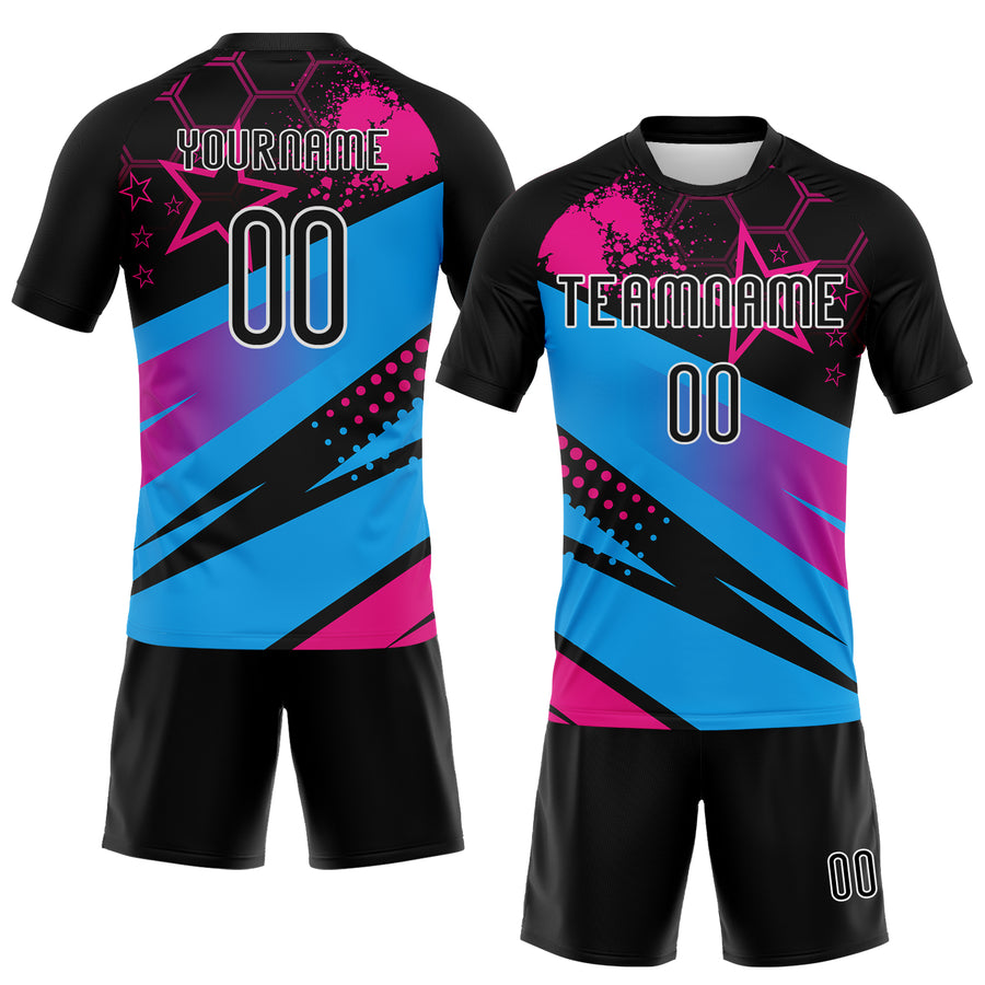 Custom Black Sky Blue-Pink Geometric Shape And Splash Sublimation Volleyball Uniform Jersey