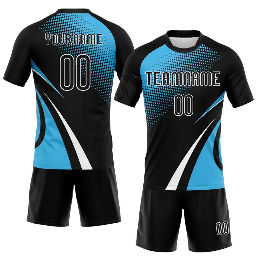 Custom Black Sky Blue-White Lines And Dots Sublimation Volleyball Uniform Jersey