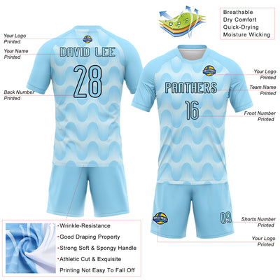 Custom Light Blue Black-White Lines And Waves Sublimation Volleyball Uniform Jersey