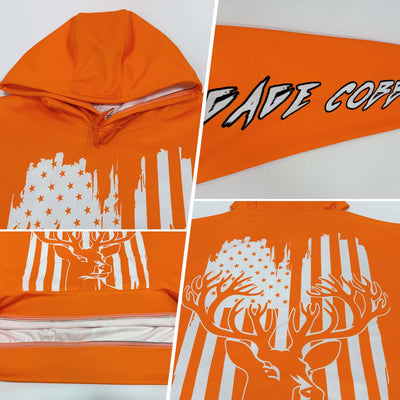 Custom Stitched Bay Orange White-Black 3D American Flag And Deer Hunting Sports Pullover Sweatshirt Hoodie