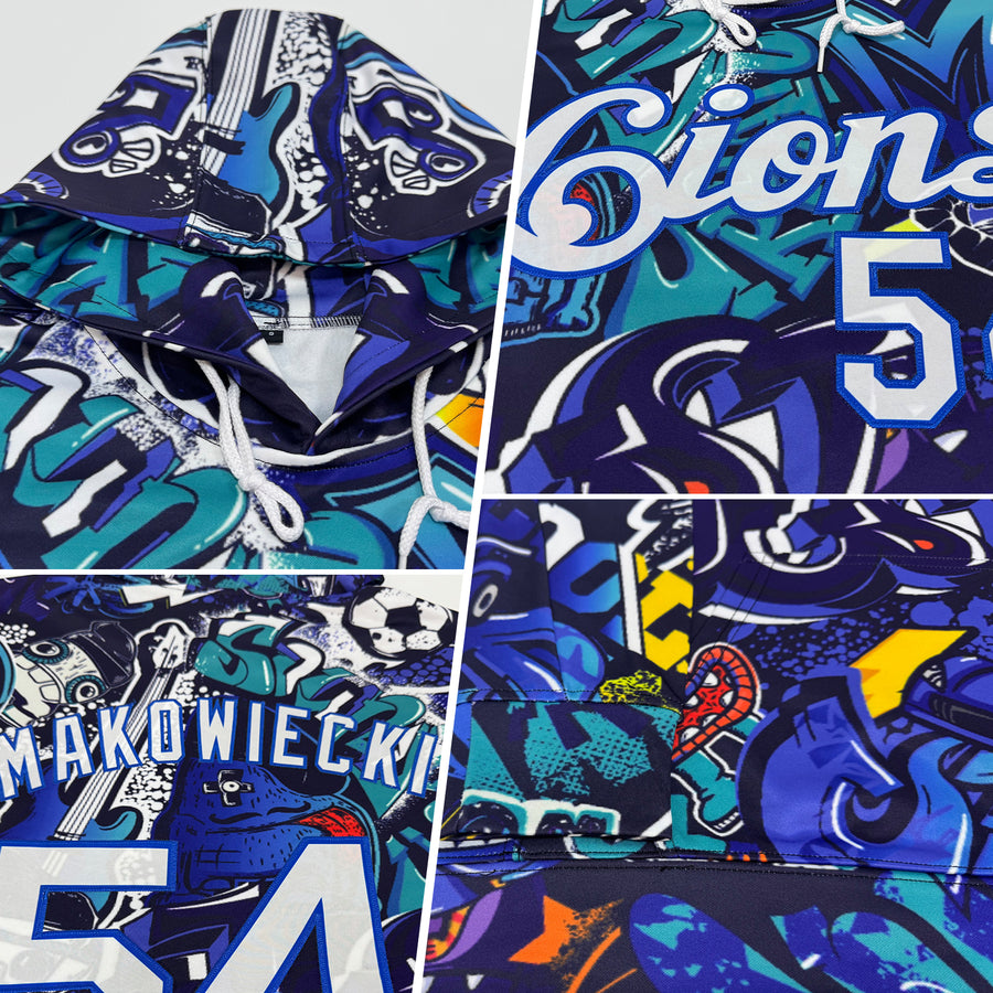 Custom Stitched Graffiti Pattern White-Royal 3D Sports Pullover Sweatshirt Hoodie