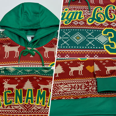 Custom Stitched Red Kelly Green-Gold 3D Christmas Reindeers Sports Pullover Sweatshirt Hoodie